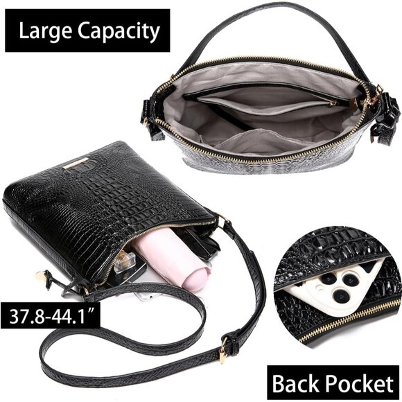 Women Crocodile PU Leather Shoulder Bag Compact Crossbody Purse with Metal Clasp - Picture 3 of 9